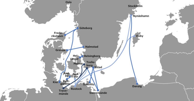 Fähre nach Schweden - Karte zur Übersicht der Verbindungen von Deutschland, Dänemark und Polen nach Schweden